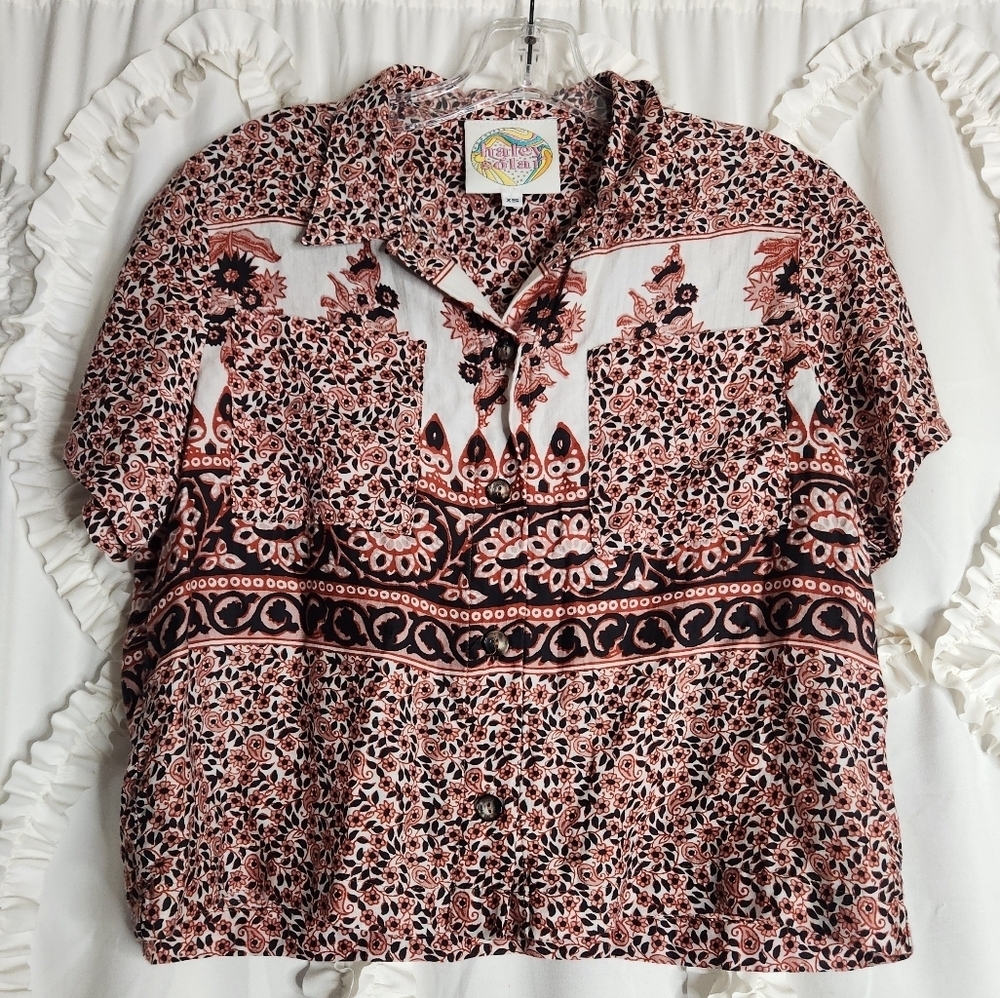 Haley Solar Floral Cropped Boxy Button-Up Short Sleeve Top Sz XS